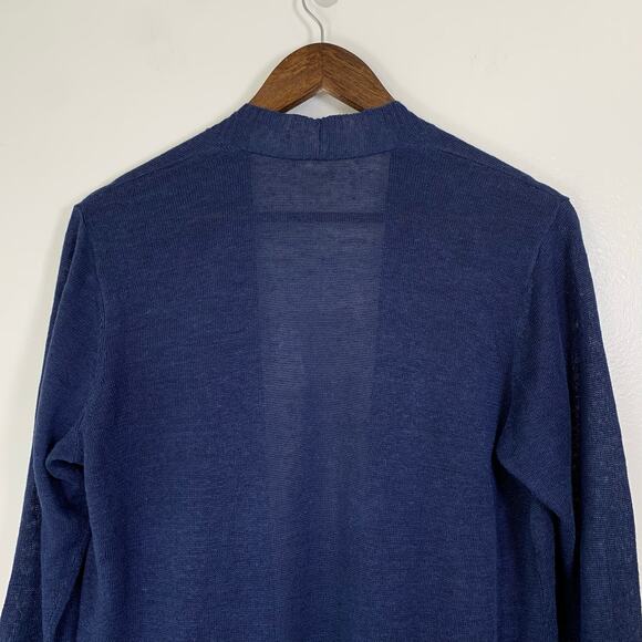 Eileen Fisher Open Cardigan 100% Organic Linen sz Medium Dark Indigo Bell Sleeve - Picture 6 of 12